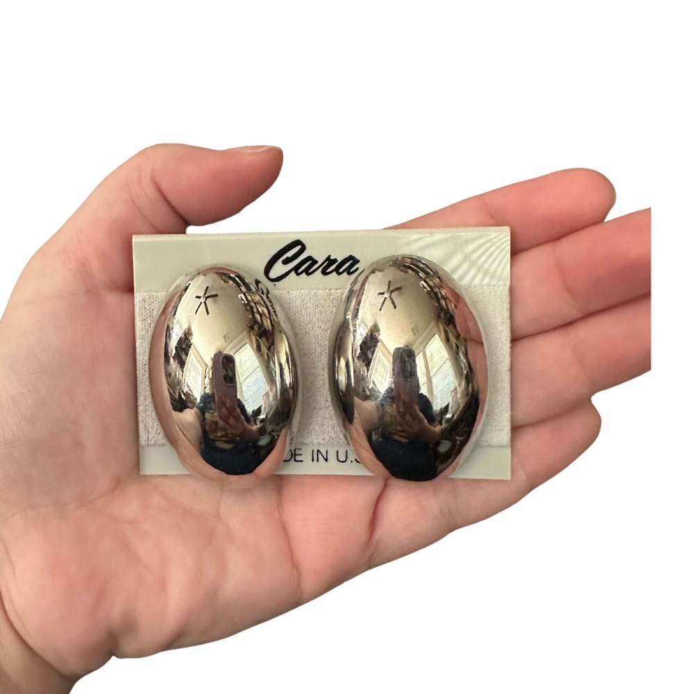 80s Huge Mirror Finish Silver Oval Clip On Earrings